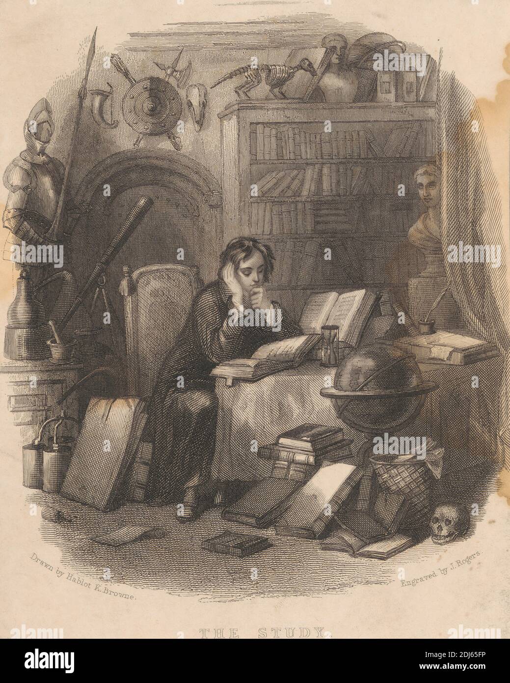 The Study, imprimé par J. Rogers, active ca.1825–ca.1842, d'après Hablot Knight Browne, 1815–1882, British, non daté, gravure en ligne sur papier de vélin moyen, légèrement texturé et crème Banque D'Images