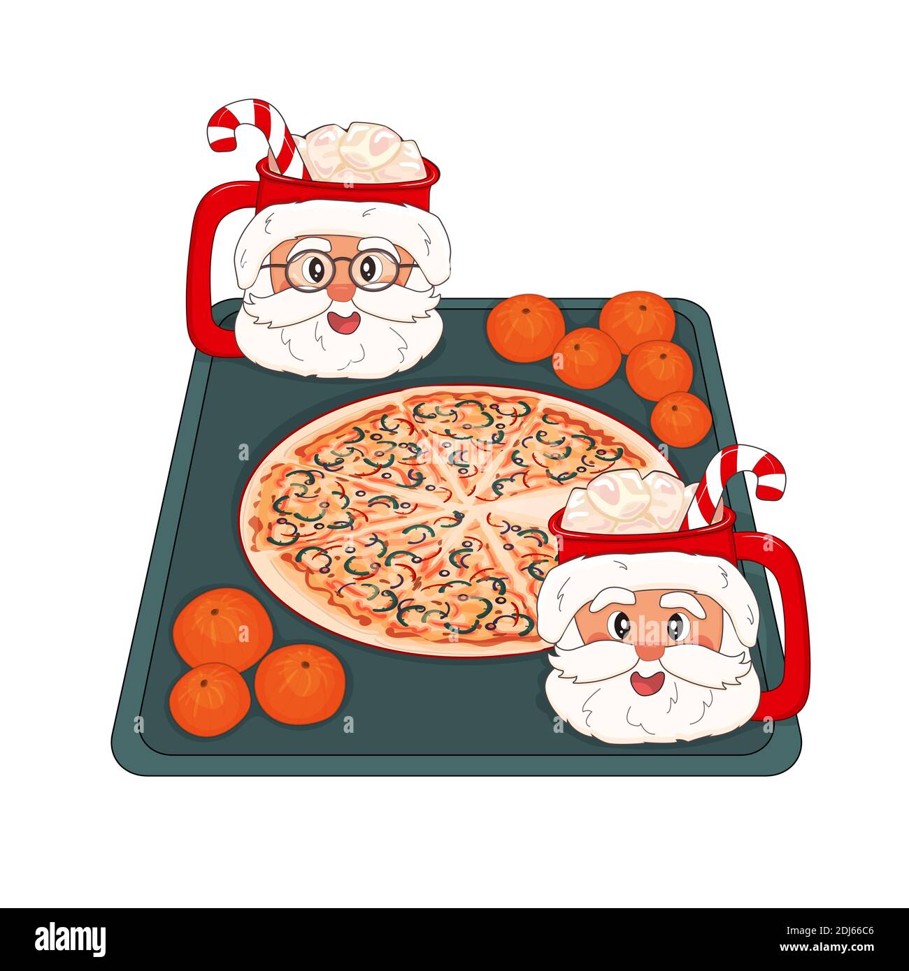 Pizza de Noël avec gobelets du Père Noël au cacao, guimauves, bonbons blancs rouges, mandarines sur un plateau pour le nouvel an Illustration de Vecteur