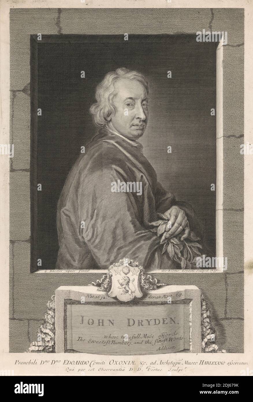 John Dryden, imprimé de George Vertue, 1684–1756, britannique, d'après Sir Godfrey Kneller, 1646–1723, allemand, actif en Grande-Bretagne (de 1676), 1730, gravure en ligne sur papier vélin moyen, légèrement texturé, crème Banque D'Images