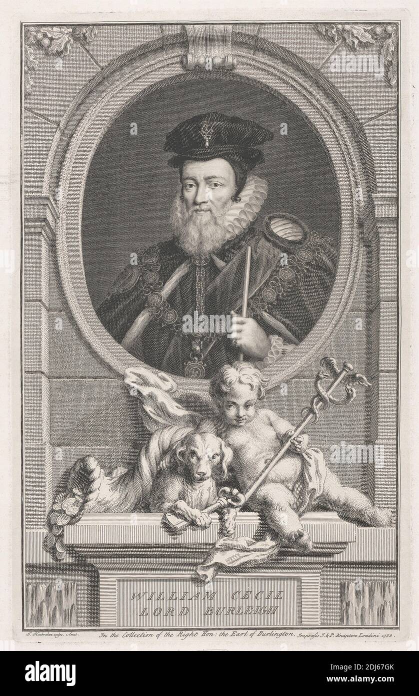 William Cecil Lord Burleigh, imprimé par Jacobus Houbraken, 1698–1780, néerlandais, 1738, gravure en ligne sur papier de couleur crème, légèrement texturé Banque D'Images