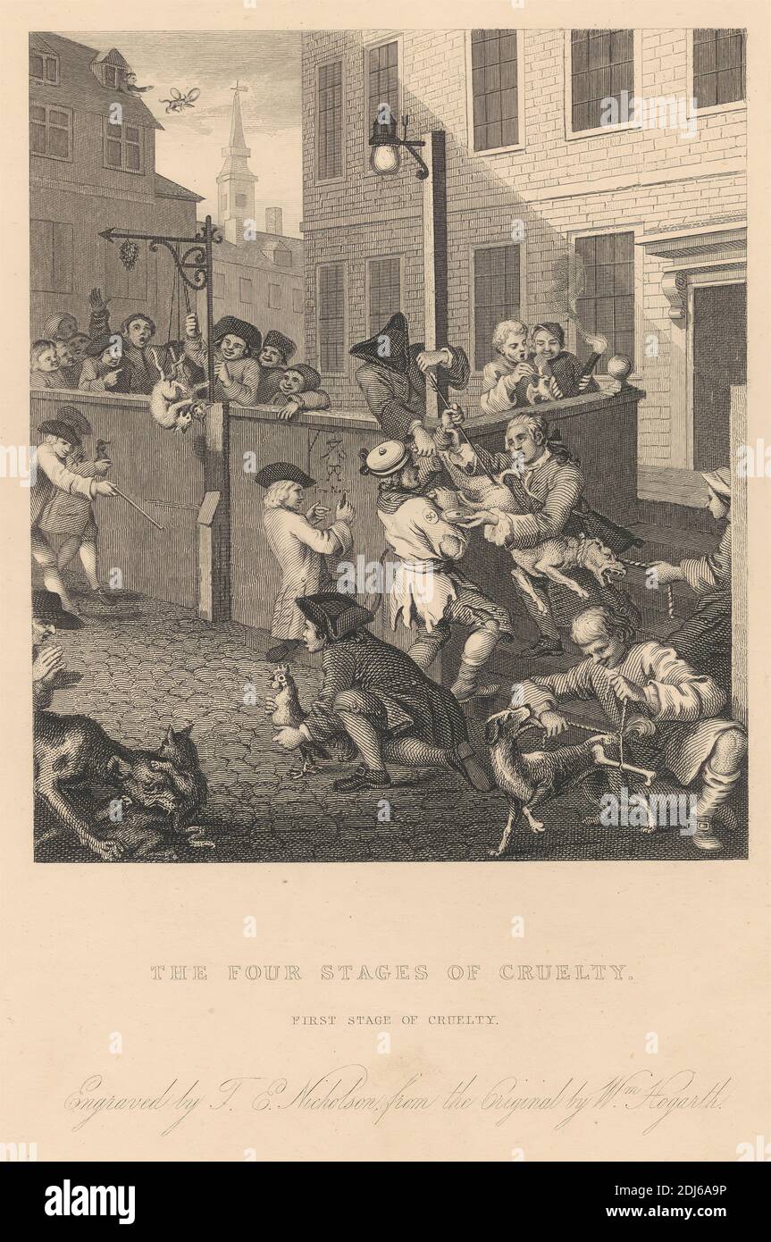 Première étape de cruauté, imprimé réalisé par T. E. Nicholson, actif au début du XIXe siècle, en Grande-Bretagne, d'après William Hogarth, 1697–1764, en Grande-Bretagne, publié par Jones & Co., active 1822–1850, en Grande-Bretagne, 1833, Etching et gravure de lignes sur papier vélin moyen, légèrement texturé et crème Banque D'Images