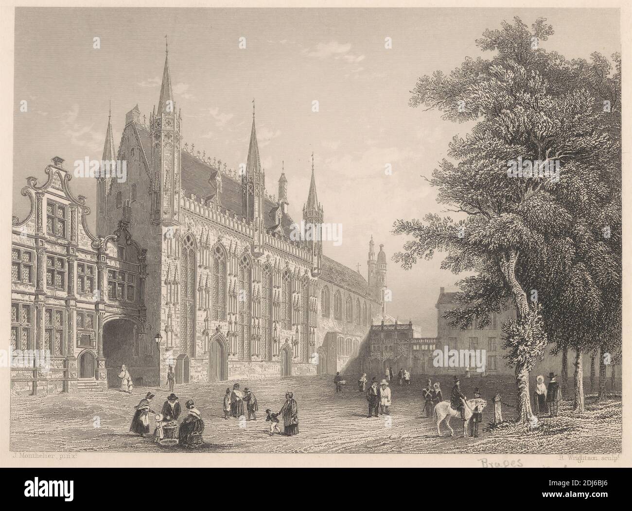 Hôtel de ville, Bruges, imprimé par R. Wrightson, actif ca. 19e siècle, britannique, d'après Jules Alexandre Monthelier, 1804–1883, français, publié par Fisher, son & Co., actif 1821–1848, britannique, ca. 1841, décapage et gravure de lignes sur papier à feuilles moyennes, légèrement texturées et crème Banque D'Images