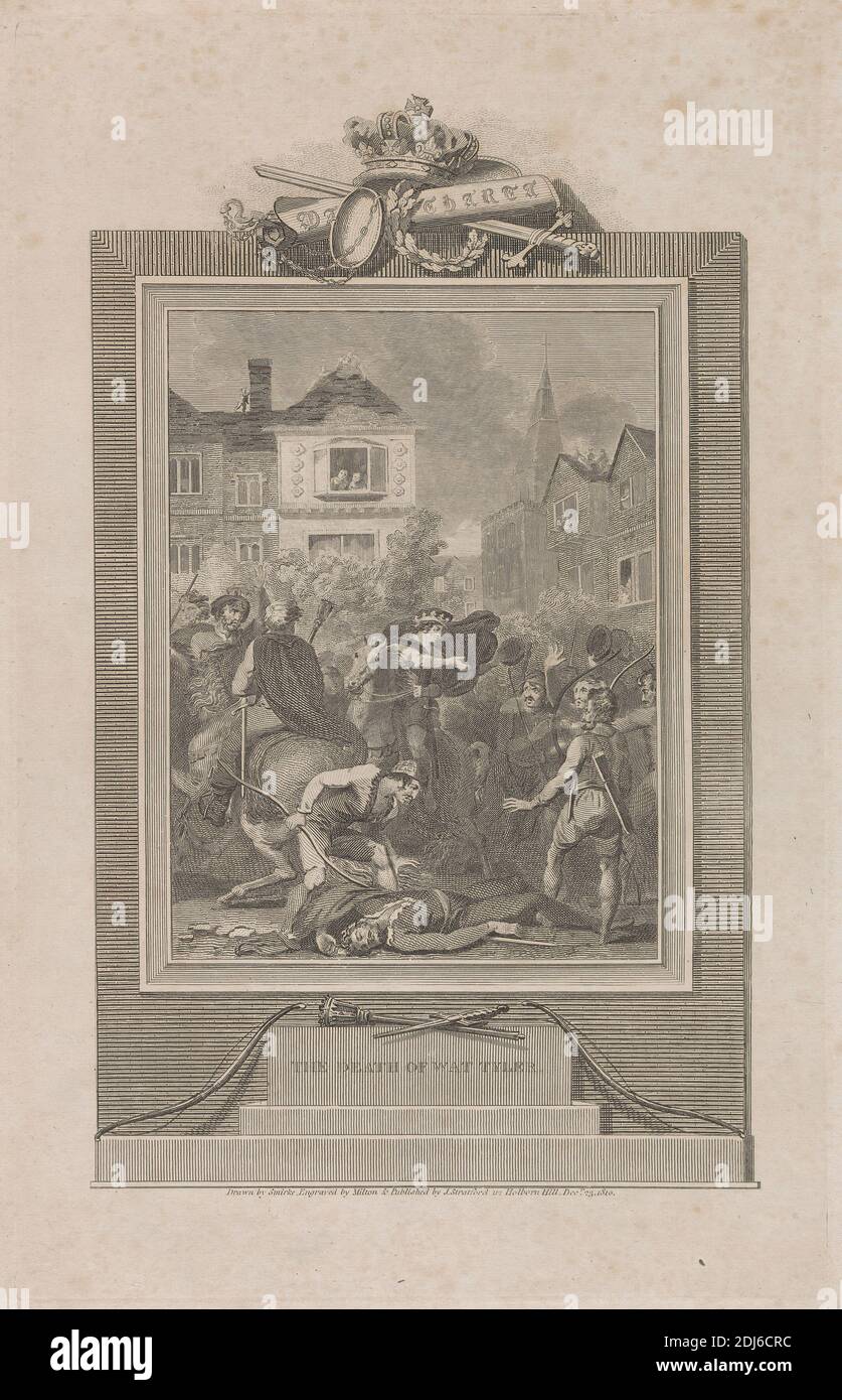 The Death of Wat Tyler, imprimé par Thomas Milton, 1743–1827, British, d'après Robert Smirke, 1752–1845, British, publié par J. Stratford, active 1792–1813, British, 1810, Etching et gravure de lignes sur papier à feuilles minces, légèrement texturées, crème, feuille: 14 × 8 7/8 pouces (35.6 × 22.5 cm), plaque: 11 7/8 × 7 5/8 pouces (30.2 × 19.4 cm), et image: 10 1/8 × 6 3/8 pouces (25.7 × 16.2 cm), arcs (armes), cadre (ameublement), sujet historique, chevaux (animaux), maisons Banque D'Images