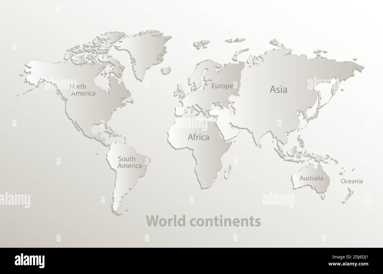 Carte des continents du monde, continent individuel séparé avec des noms, carte papier 3D vecteur naturel Illustration de Vecteur