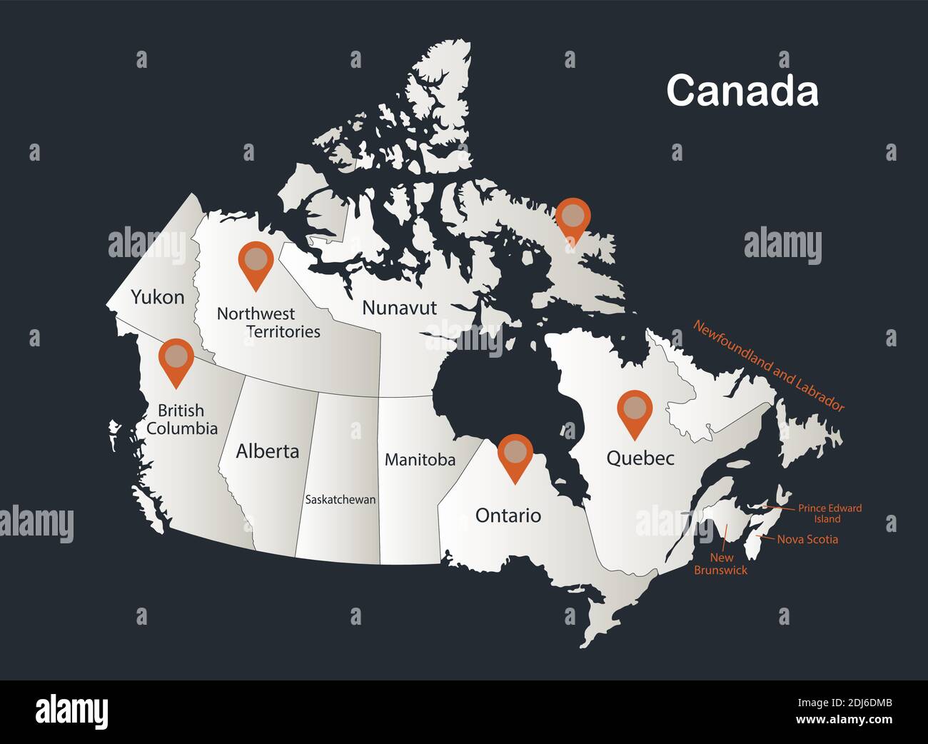 Carte du Canada, Infographics Flat design couleurs blanc neige, avec les noms de régions individuelles vecteur Illustration de Vecteur