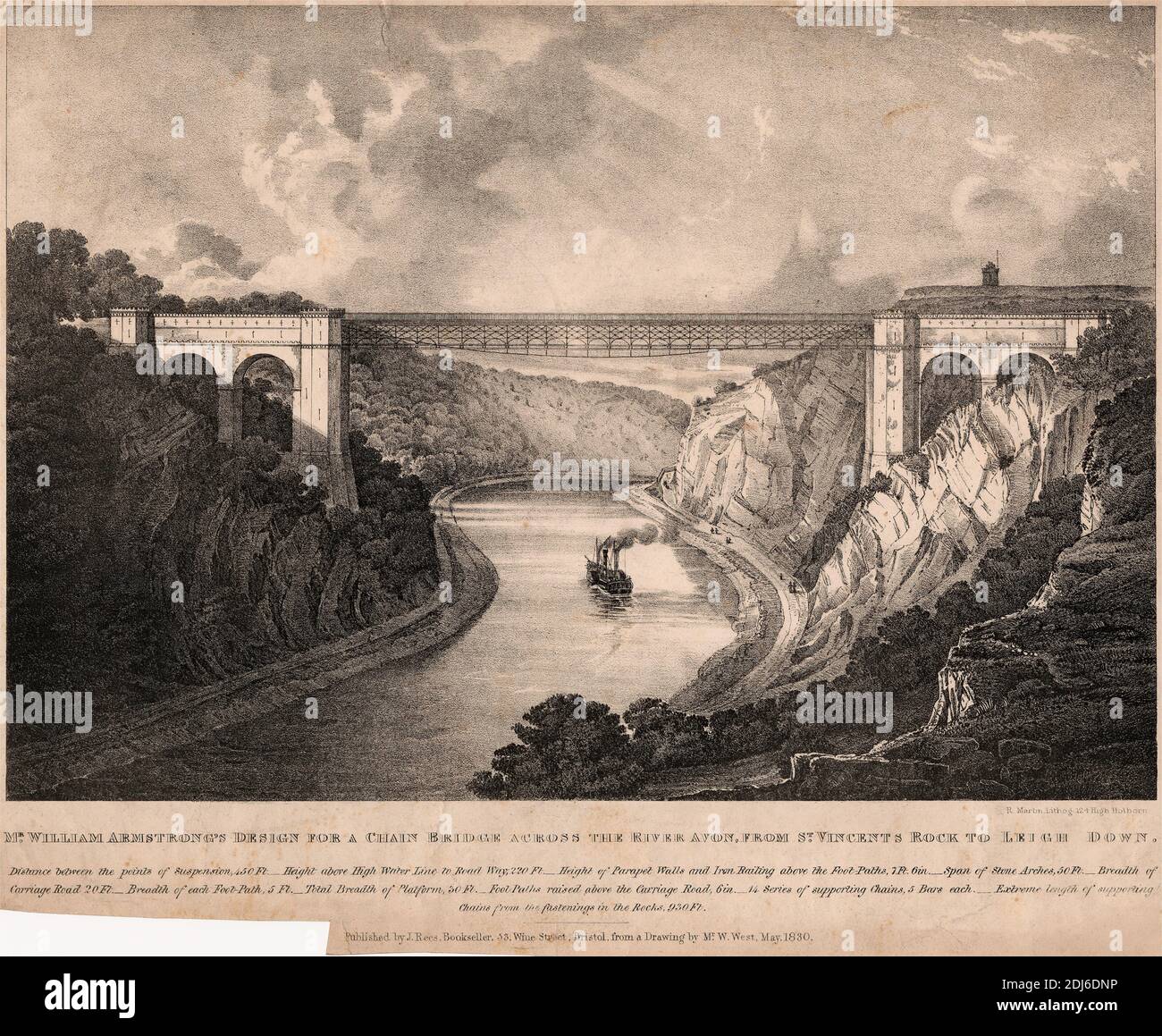 Conception de M. William Armstrong pour un pont en chaîne traversant la rivière Avon, de St. Vincents Rock à Leigh Down, R. Martin, actif 1823–1840, après William West de Clifton près de Bristol, 1801–1861, British, 1830, Lithographie, feuille : 8 1/2 x 12 po. (21.6 x 30,5 cm Banque D'Images