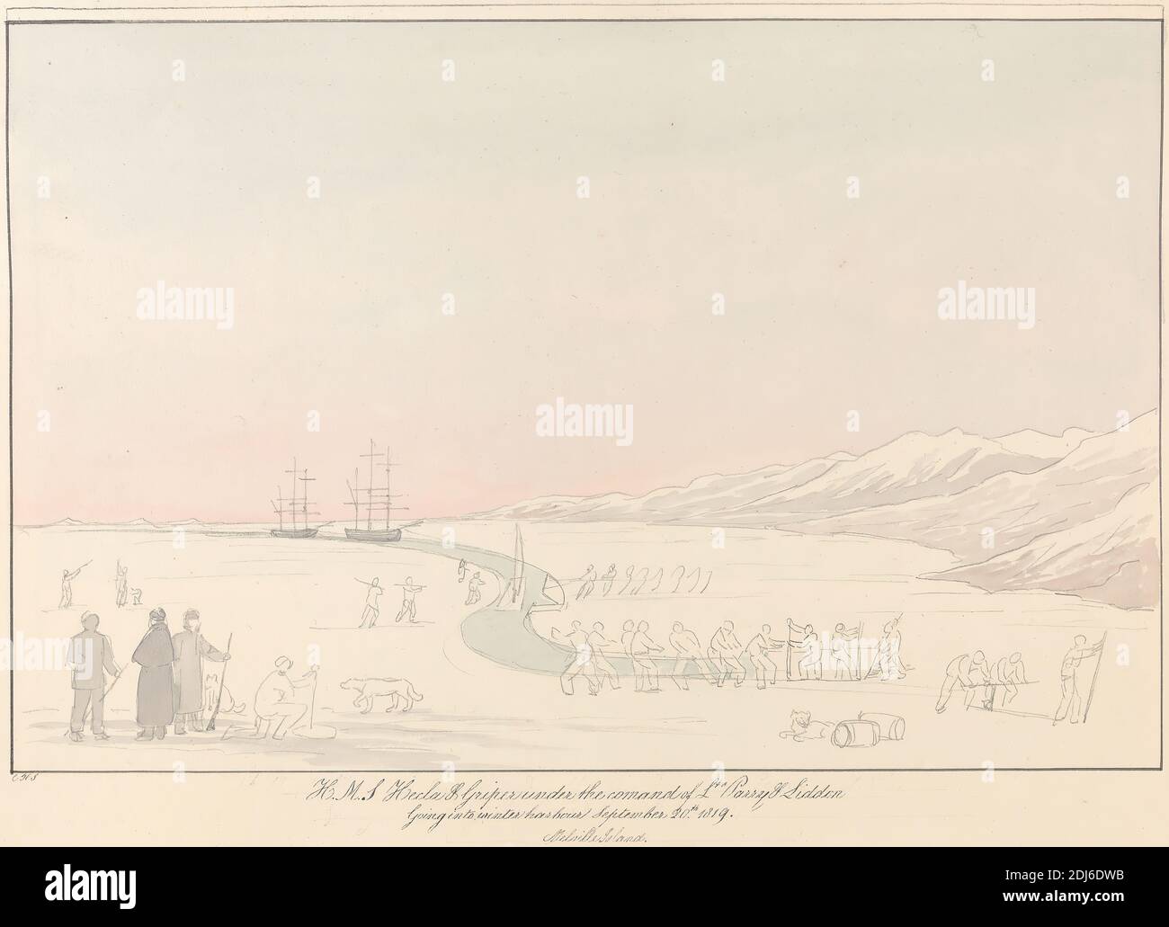 H.S. Hecla & Griper, Charles Hamilton Smith, 1776–1859, belge, non daté, aquarelle et graphite sur papier vélin crème modérément épais, feuille: 12 7/8 × 16 1/8 pouces (32.7 × 41 cm) et reliure: 16 1/8 pouces (41 cm), paysage, art marin Banque D'Images