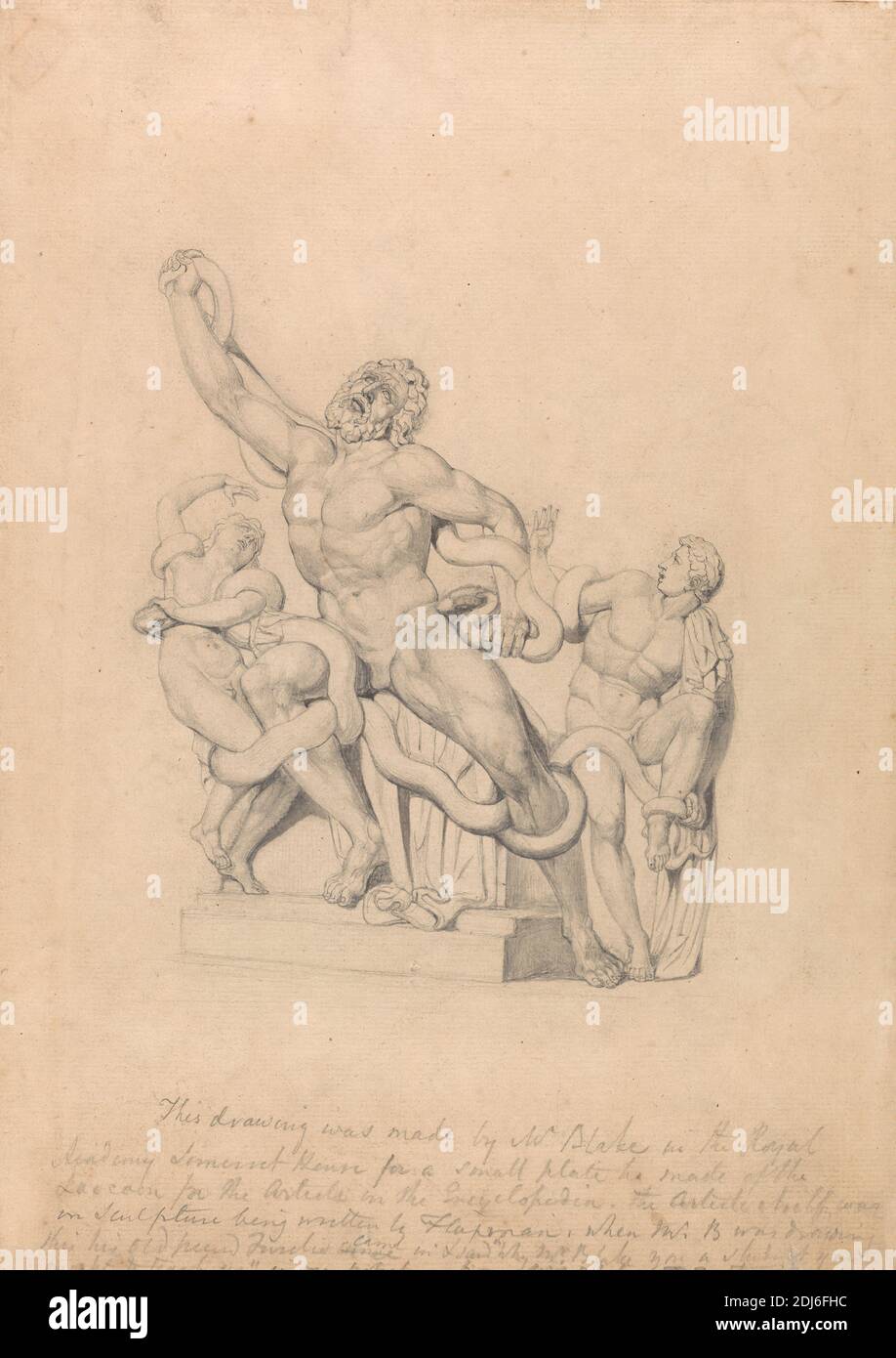 Copie du Laocoön, pour Rees's Cyclopædia, William Blake, 1757–1827, British, 1815, Graphite sur papier moyen, légèrement texturé, beige, feuille : 12 5/8 x 9 pouces (32.1 x 22.9 cm), la barbe, les garçons, classique, père, Grand Tour, grec, héros, Laocoon et ses deux fils sont étranglés par deux serpents lors des préparatifs pour un sacrifice, légende, hommes, sujet religieux et mythologique, sculpture, serpents, fils, étrangler, jumeaux Banque D'Images