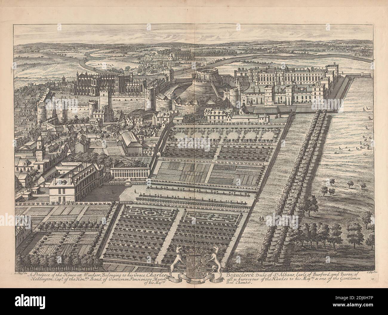 Une perspective de la Maison à Windsor, appartenant à sa Grace Charles Beauclerck, Johannes Kip, 1653–1722, néerlandais, d'après Leonard Knyff, 1650–1721, néerlandais, active en Grande-Bretagne (par 1681), 1707, Etching sur papier moyen, légèrement texturé, crème, feuille: 15 × 20 pouces (38.1 × 50.8 cm) et plaque: 13 1/2 × 18 1/4 pouces (34.3 × 46.4 cm), sujet architectural, paysage, Berkshire, Windsor, château de Windsor Banque D'Images