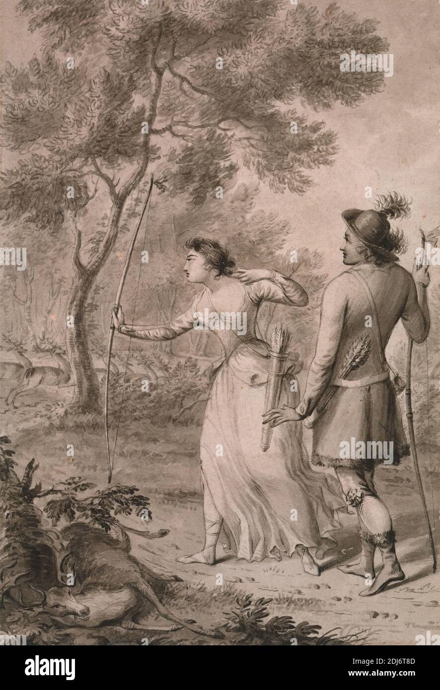 Robin Hood et Clarinda Hunting Deer, Joseph Slater, c. 1750– mort après 1789, non daté, lavage gris et stylo et encre noire sur papier vélin moyen, légèrement texturé, crème feuille: 5 3/8 × 3 7/8 pouces (13.7 × 9.8 cm) et contemporain bordure dessinée: 5 5/8 × 4 pouces (14.3 × 10.2 cm), flèches, arcs, casquette, cerf, robe, chasse, thème littéraire, divers, sandales, art sportif Banque D'Images