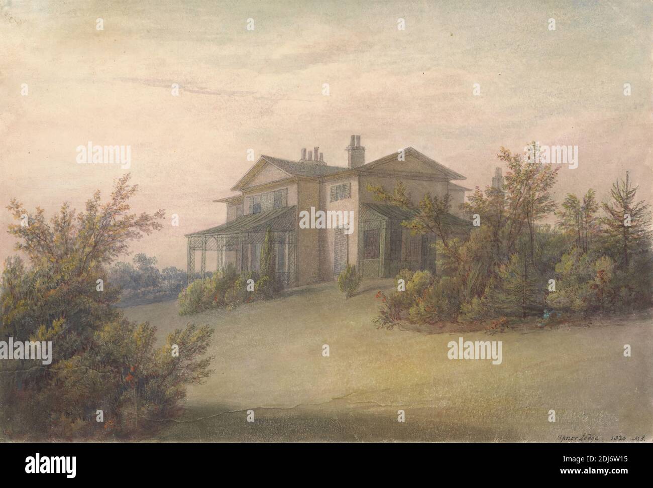 Upnor Lodge, Mary Smirke, 1779–1853, British, 1820, aquarelle, encre et graphite sur papier vélin moyen, légèrement texturé, crème monté sur papier crème moyen, légèrement texturé, crème posée, feuille: 6 1/2 × 9 5/8 pouces (16.5 × 24.4 cm), sujet architectural, maisons, paysage, pelouses, porches, Angleterre, Kent, Royaume-Uni, Upnor Banque D'Images