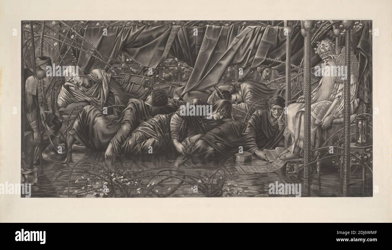 La salle du Conseil, après Edward Burne-Jones, 1833–1898, British, publié par Thos. Agnew & Sons, British, 1892, Photogravure sur papier vélin moyen, légèrement texturé, crème, feuille : 16 3/4 × 33 1/4 pouces (42.5 × 84.5 cm), barbe, livre, briar, chambres (espaces d'assemblage), couronne, rideau, fleur (plante), sablier, thème littéraire, homme, sujet religieux et mythologique, sujet religieux et mythologique, sommeil, Belle au sommeil (conte de fées), soldat, épine, trône, voile, fenêtre, femme Banque D'Images