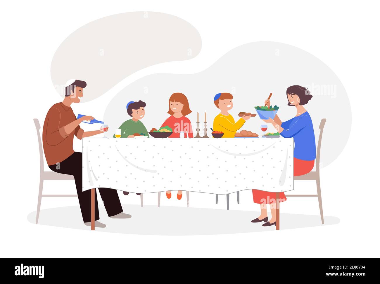 Dîner de fête en famille. Les enfants, les parents et les grands-parents sont assis à une table de dîner, et mangent ensemble. Illustration de Vecteur