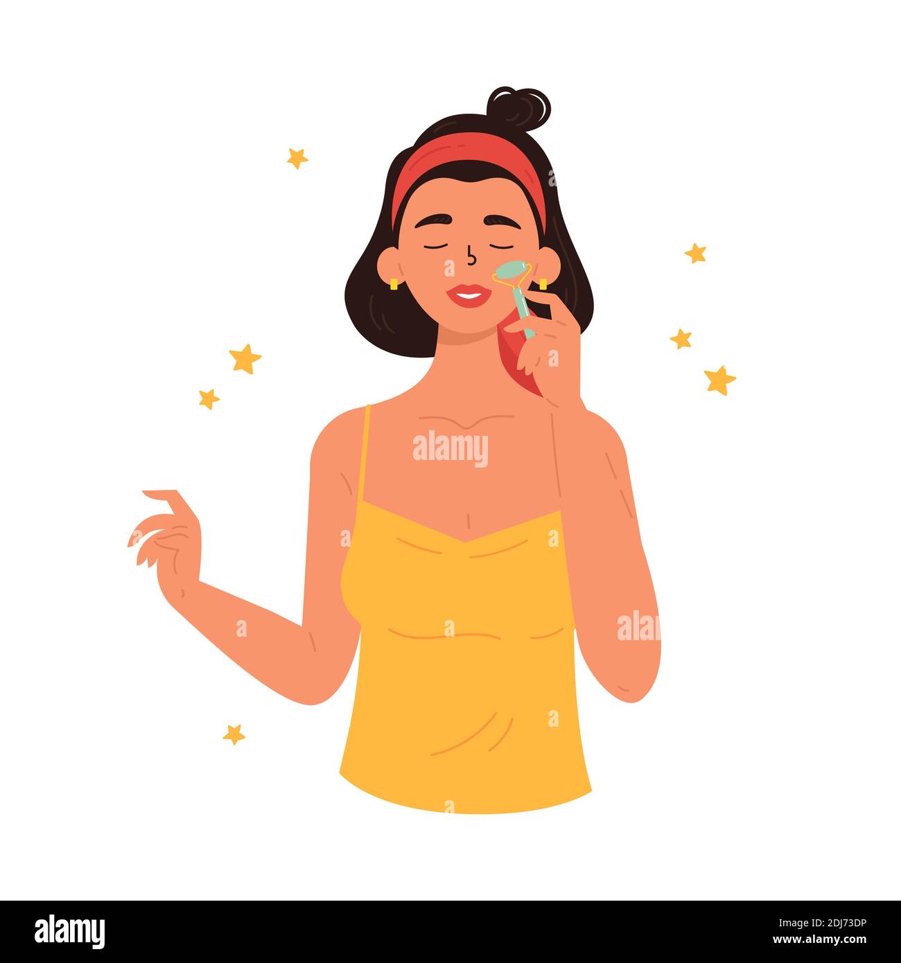 Massage facial Gua Sha. Femme avec jade facial Illustration de Vecteur