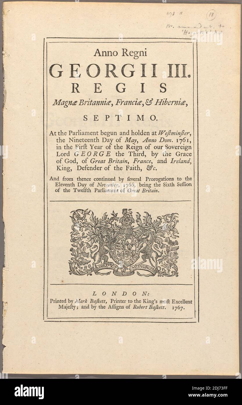 Droit d'auteur - Acte du Parlement, imprimé par William Hogarth, 1697–1764, British, d'après William Hogarth, 1697–1764, British, 1767, typographie avec gravure Banque D'Images