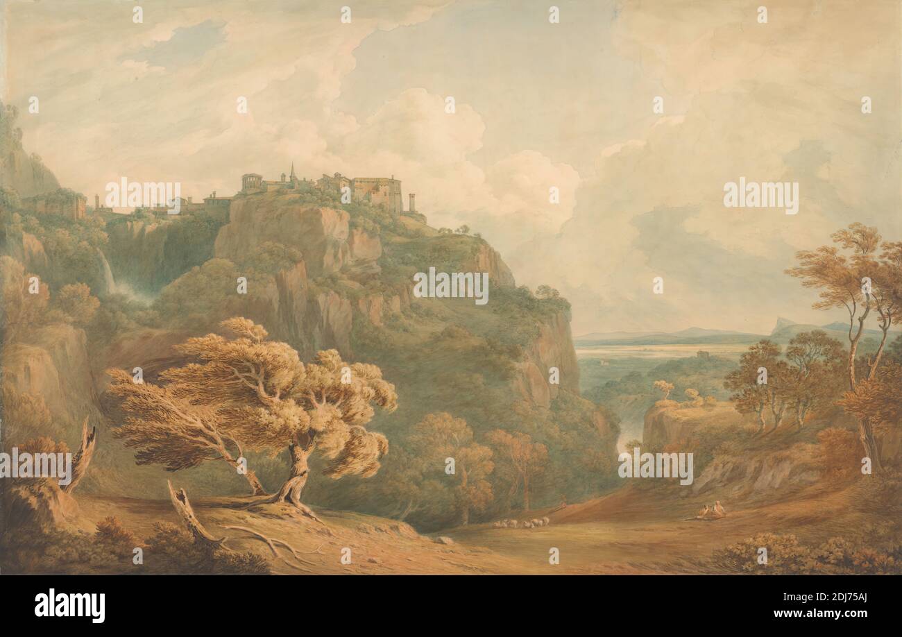 Vue de Tivoli vers Rome, John Warwick Smith, 1749–1831, British, ca. 1781, Aquarelle sur graphite sur papier vélin moyen, lisse, crème, feuille: 20 1/2 x 32 pouces (52.1 x 81.3 cm), château, paysage urbain, classique, falaise, géologie, Grand Tour, paysage, science, ciel, vue, cascade, Italie, Rome, Tivoli Banque D'Images