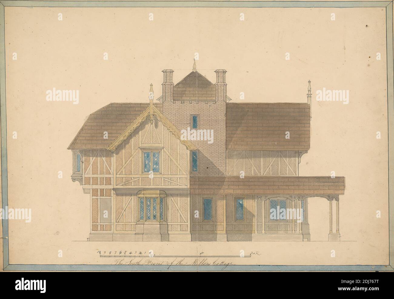 Le Miller's Cottage à Chatsworth : élévation du front sud, attribuée à Joseph Michael Gandy, 1771–1843, Britannique, non daté, aquarelle et stylo et encre noire à double ligne et bordure de lavage bleue sur papier à feuilles de vélin beige modérément épais et moyennement texturées avec une marque de pli, feuille : 13 5/8 × 19 3/4 pouces (34.6 × 50.2 cm), sujet architectural Banque D'Images