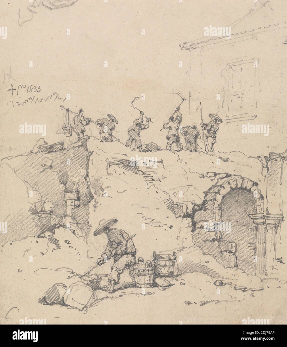 Glaies chinoises démolissant un bâtiment, George Chinnery, 1774–1852, British, 1833, Graphite sur papier vélin moyen, légèrement texturé, feuille: 7 3/4 × 6 7/8 pouces (19.7 × 17.5 cm), arche, bâtiment, démolition, étude de figure, paysage, ouvriers, Chine Banque D'Images