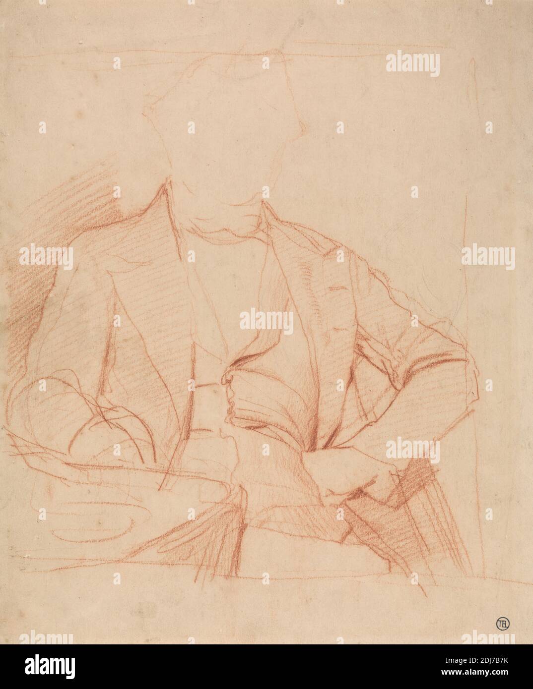 Étude pour le portrait de M. Coleman: Assis face à l'avant, main gauche sur la hanche, bras droit sur la table, Alfred Stevens, 1817–1875, Britannique, non daté, craie rouge sur graphite sur papier moyen, légèrement texturé, beige vélin, feuille: 11 1/2 x 9 1/2in. (29.2 x 24,1 cm) et feuille : 11 5/8 x 9 5/8 pouces (29.5 x 24.4 cm) Banque D'Images