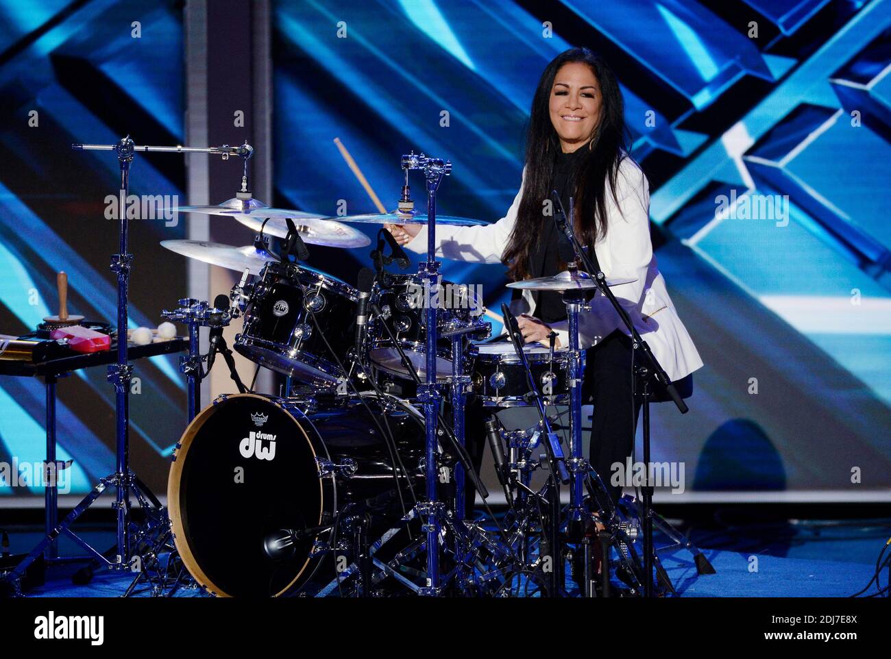 Sheila E se produit sur scène le dernier jour de la convention nationale démocratique le 28 juillet 2016 au Wells Fargo Center, Philadelphie, Pennsylvanie, photo par Olivier Douliery/Abacapress.com Banque D'Images