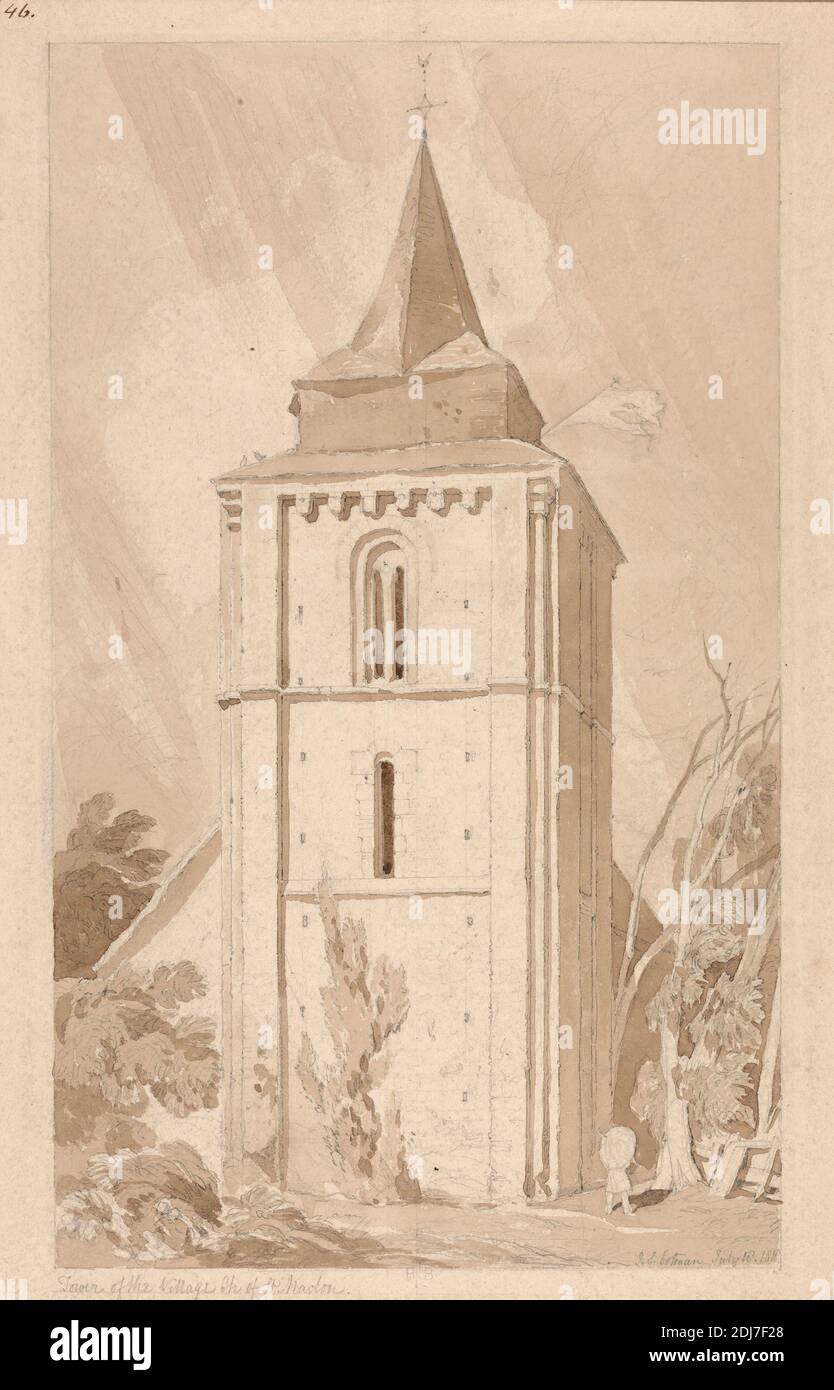 Tour du village Eglise de Saint Maclou, Normandie, John Sell Cotman, 1782–1842, Britannique, 1818, Graphite et lavage brun sur papier vélin moyen, légèrement texturé, crème feuille: 12 x 7 1/8 pouces (30.5 x 18.1 cm) et bordure dessinée contemporaine: 16 1/2 x 10 pouces (41.9 x 25.4 cm), sujet architectural, église, tour (bâtiment), France, Normandie, Village de l'église Saint-Maclou Banque D'Images