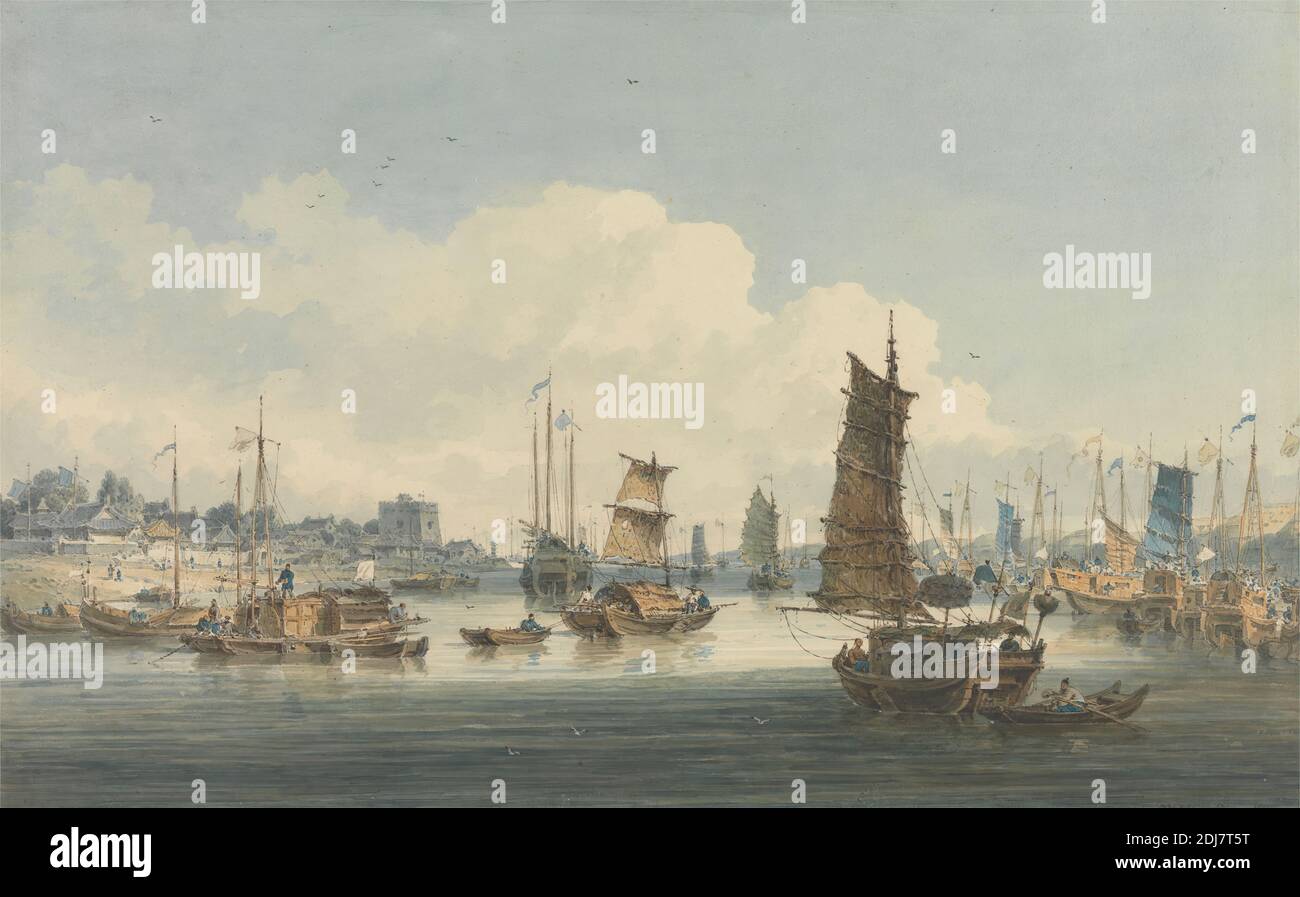 Vue près de la ville de Tientsin, William Alexander, 1767–1816, British, 1800, aquarelle, gouache, et graphite sur papier de vélin moyen, légèrement texturé, crème, feuille : 9 x 14 5/16 pouces (22.9 x 36.3 cm), sujet architectural, bateaux, bâtiments, architecture chinoise, paysage urbain, drapeaux, genre, junks, art marin, hommes, voiliers, sampes, marins, navires, Asie, Chine, Tianjin, Tianjin Shi Banque D'Images
