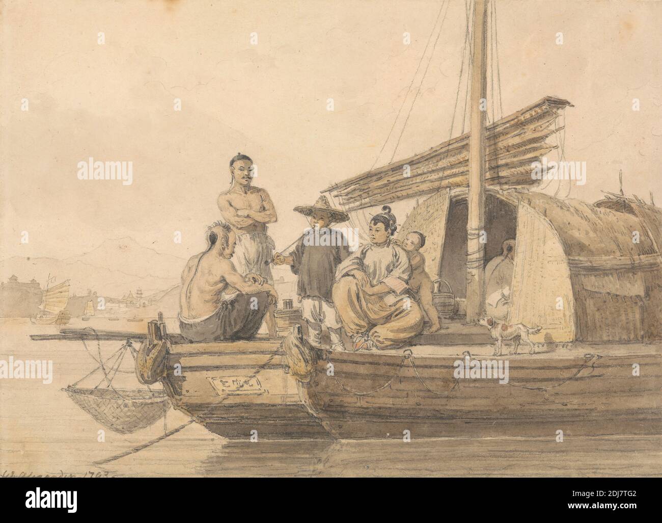 Fisherpeople on a Junk, William Alexander, 1767–1816, British, 1793, aquarelle et stylo et encre noire sur graphite sur papier vélin beige légèrement épais, légèrement texturé, feuille : 5 7/8 × 8 pouces (14.9 × 20.3 cm), bébé, chinois, commerce, chien (animal), famille, pêcheurs, pêche, genre sujet, jonque, art marin, montagnes, pagodes (bâtiments), voiliers, marins, Asie, Chine Banque D'Images