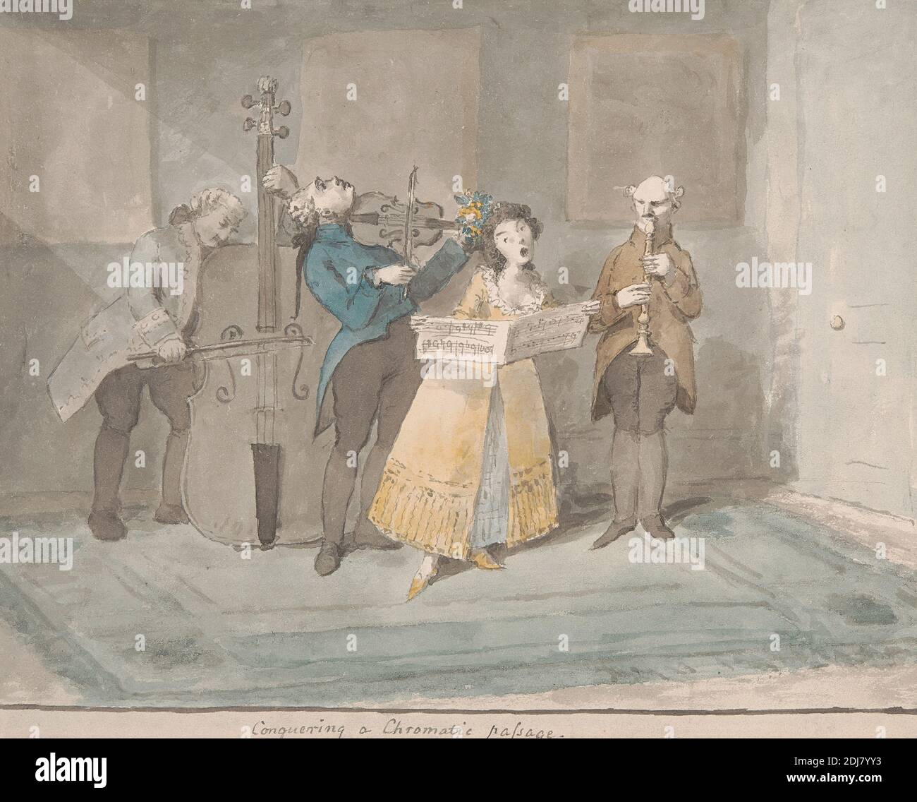 Conquérant un passage chromatique, attribué à Nathaniel Dance RA, 1735–1811, britannique, non daté, aquarelle, stylo et encre noire et graphite sur papier de vélin moyen, légèrement texturé, crème feuille: 10 3/8 × 12 5/8 pouces (26.4 × 32.1 cm), violoncelle, sujet de genre, musique, violon Banque D'Images