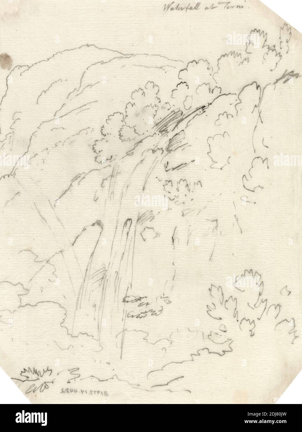 Cascade à Terni, John Robert Cozens, 1752–1797, British, ca. 1780, stylo et encre noire sur papier fin, légèrement texturé, crème, feuille: 9 3/8 x 7 1/8 pouces (23.8 x 18.1 cm), falaises, Grand Tour, collines, paysage, science, arbres, cascades, Europe, Italie, Terni Banque D'Images