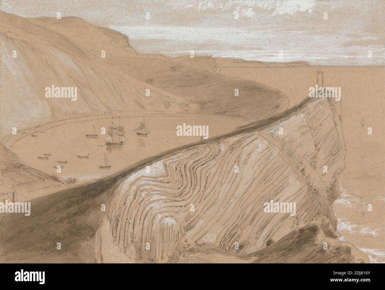Lulworth Cove, William Daniell, 1769–1837, British, CA. 1813, aquarelle avec lavage brun et gouache sur graphite sur papier vélin moyen, légèrement texturé, beige, collé sur support contemporain en carton beige épais, légèrement texturé, bordure contemporaine dessinée: 7 1/8 x 10 pouces (18.1 x 25.4 cm) et feuille: 6 1/2 x 9 3/8 pouces (16.5 x 23.8 cm), baie, bateaux, falaises, crique, collines, paysage, navires, Dorset, Angleterre, Lulworth Cove, Royaume-Uni, West Lulworth Banque D'Images
