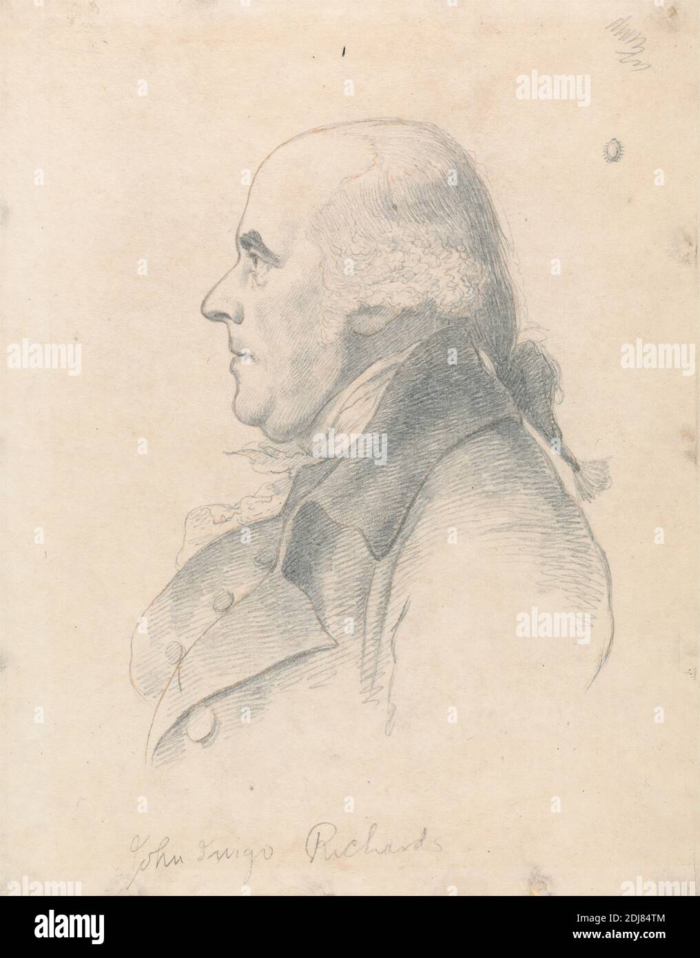 John Inigo Richards, William Daniell, 1769–1837, britannique, d'après George Dance RA, 1741–1825, britannique, entre 1808 et 1814, Graphite et craie rouge sur du papier vélin moyen, légèrement texturé, crème monté sur du papier légèrement épais, modérément texturé, beige, feuille : 9 7/8 x 7 3/4 pouces (25.1 x 19.7 cm), artiste, manteau, collier, cravat, peintre paysagiste, homme, portrait, profil (figure), cravate-perruque Banque D'Images