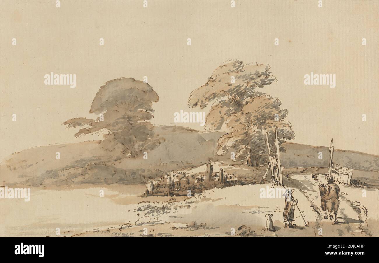 Paysage avec un pont, Heneage Finch quatrième comte d'Aylesford, 1751–1812, Britannique, 1790 à 1795, stylo, encre brune, lavage brun, et lavage gris sur papier moyen, légèrement texturé, crème, feuille: 8 × 12 5/8 pouces (20.3 × 32.1 cm), pont (travaux construits), paysage, rivière, arbres Banque D'Images