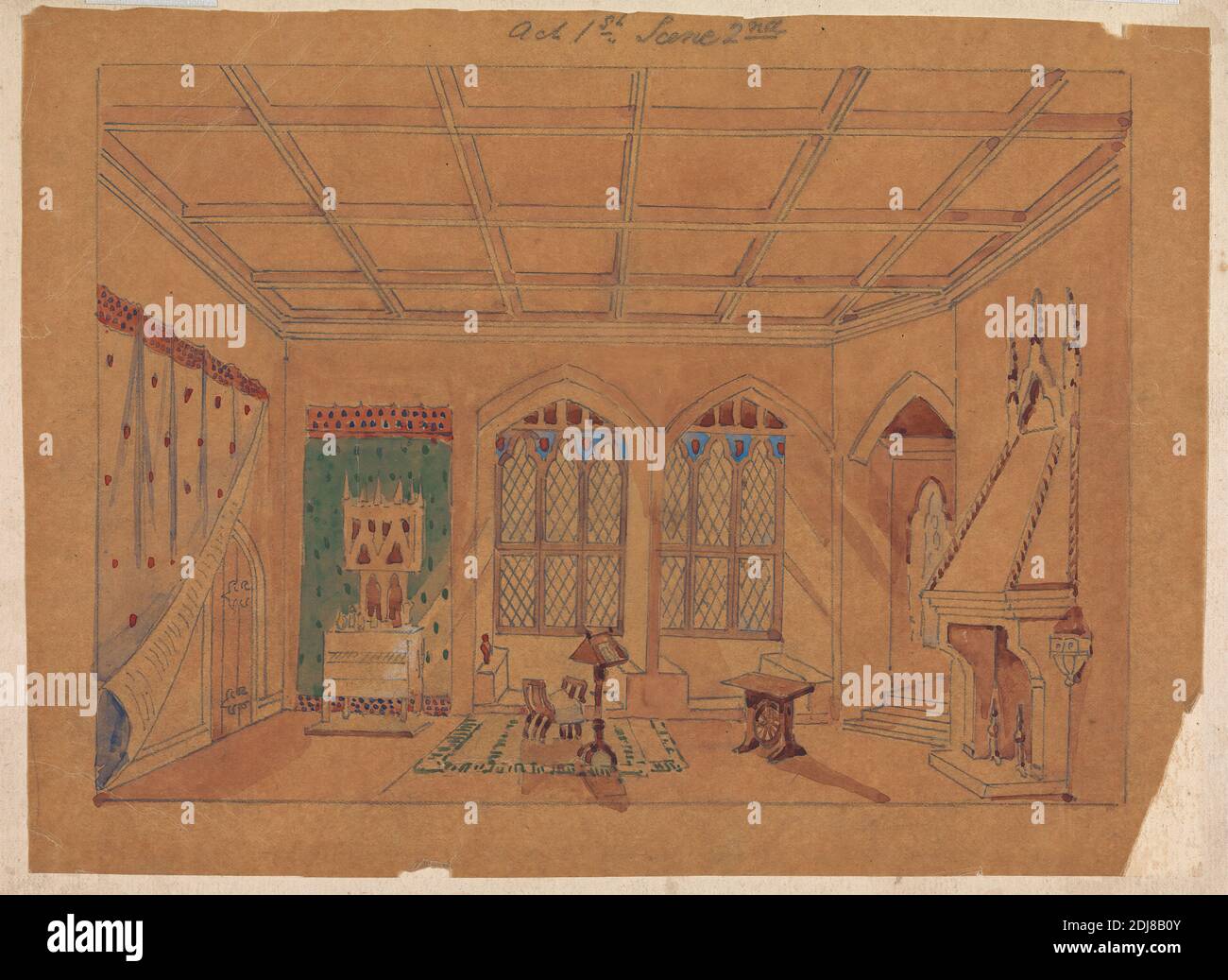 Design pour l'installation de Richard II de Charles Kean au Princess's Theatre le 12 mars 1857, Act 1, scène 2, George Cressal Ellis, CA. 1810–1875, non daté, aquarelle, graphite, et gouache sur papier à colombe mince taché pour le traçage, montage: 7 3/8 × 9 5/8 pouces (18.7 × 24.4 cm), feuille: 6 5/8 × 9 pouces (16.8 × 22.9 cm), et image: 5 5/8 × 7 7/8 pouces (14.3 × 20 cm), sujet architectural, thème littéraire Banque D'Images