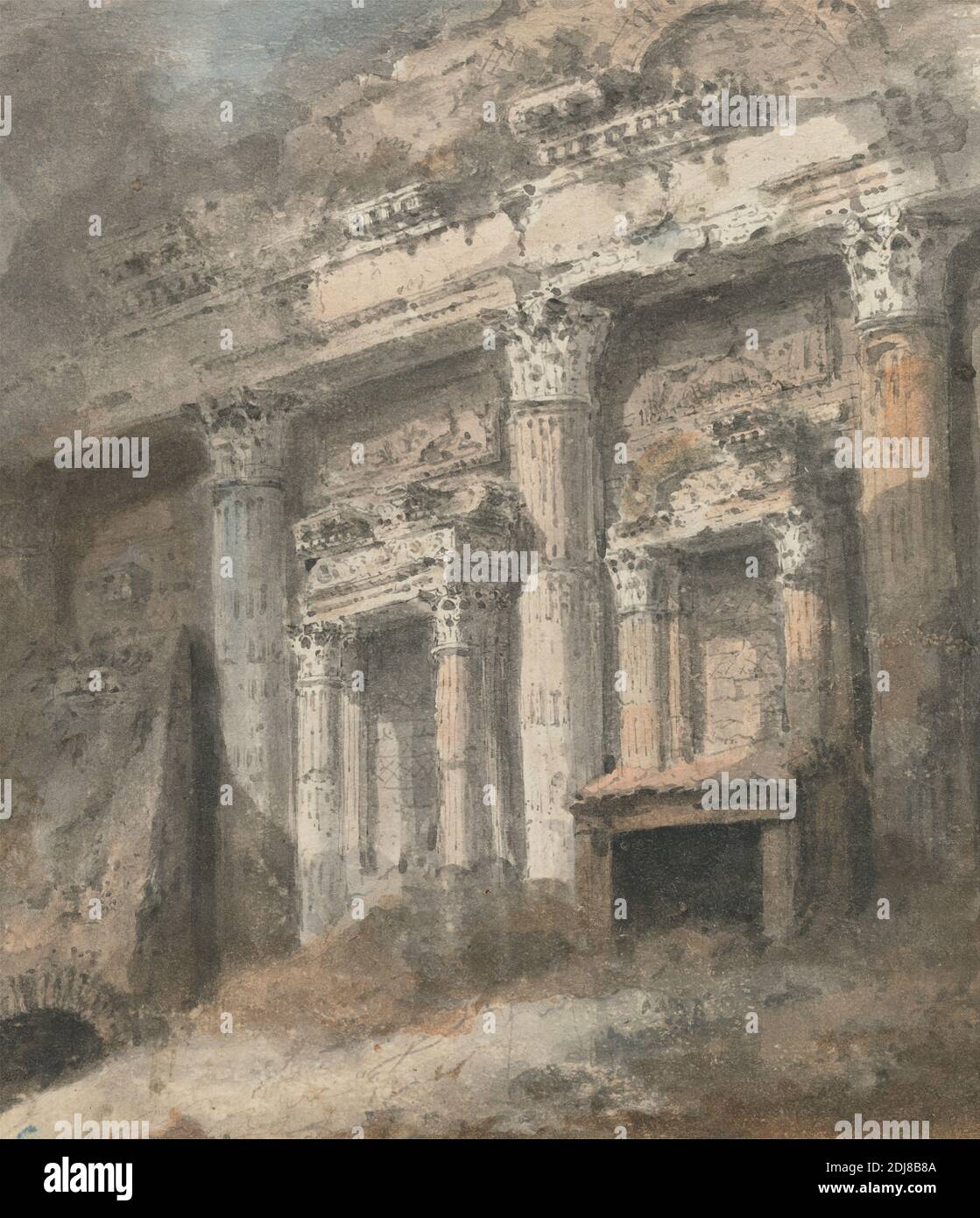 Façade de ruiné (?) Temple romain, avec colonnes et porte, Heneage Finch quatrième comte d'Aylesford, 1751–1812, britannique, après 1771, aquarelle et graphite, verso : lavage bleu sur papier de couleur moyenne, légèrement texturé, beige, feuille : 9 1/4 × 8 pouces (23.5 × 20.3 cm), sujet architectural, colonnes, Grand Tour, romain (style ou période), ruines, temple, Rome Banque D'Images