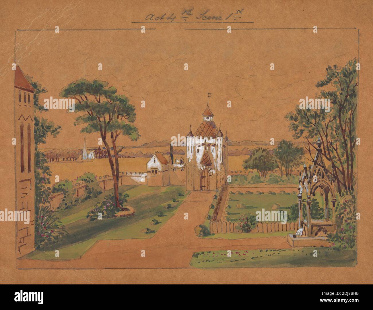 Design pour la mise en scène de Richard II de Charles Kean au Princess's Theatre le 12 mars 1857, Act 4, scène 1, George Cressal Ellis, ca. 1810–1875, non daté, Graphite, aquarelle, rehaussé de gouache sur du papier à colombe mince taché pour le traçage, posé sur le support de papier à colombe contemporain, feuille: 6 3/4 × 9 pouces (17.1 × 22.9 cm) et support: 7 1/4 × 9 3/4 pouces (18.4 × 24.8 cm), sujet architectural, thème littéraire Banque D'Images