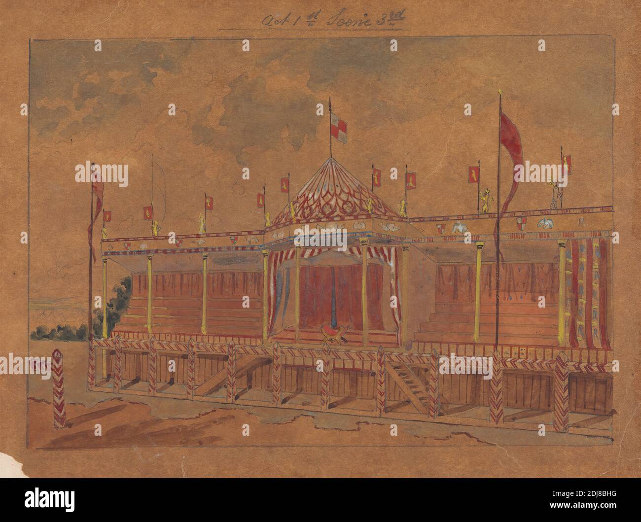 Design pour l'installation de Richard II de Charles Kean au Princess's Theatre le 12 mars 1857, Act 1, scène 3, George Cressal Ellis, CA. 1810–1875, non daté, Graphite, aquarelle, rehaussé de gouache sur papier à colombe mince, taché pour le traçage, posé sur support de papier à colombe contemporain, feuille: 6 15/16 × 8 15/16 pouces (17.6 × 22.7 cm) et support: 7 3/8 × 9 3/4 pouces (18.7 × 24.8 cm), sujet architectural Banque D'Images