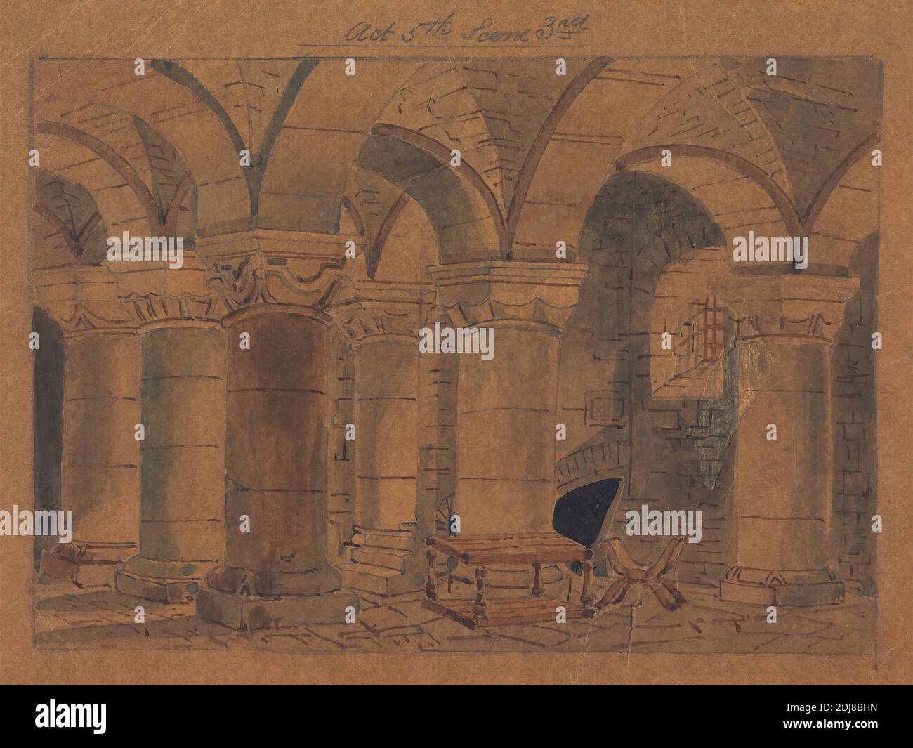 Design pour la mise en scène de Richard II de Charles Kean au Princess's Theatre le 12 mars 1857, Act 5, scène 3, George Cressal Ellis, ca. 1810–1875, non daté, aquarelle et graphite sur papier à colombe mince taché pour le traçage, posé sur support de papier à colombe contemporain, feuille: 6 9/16 × 8 3/4 pouces (16.7 × 22.2 cm) et support: 7 3/8 × 9 3/4 pouces (18.7 × 24.8 cm), sujet architectural, thème littéraire Banque D'Images