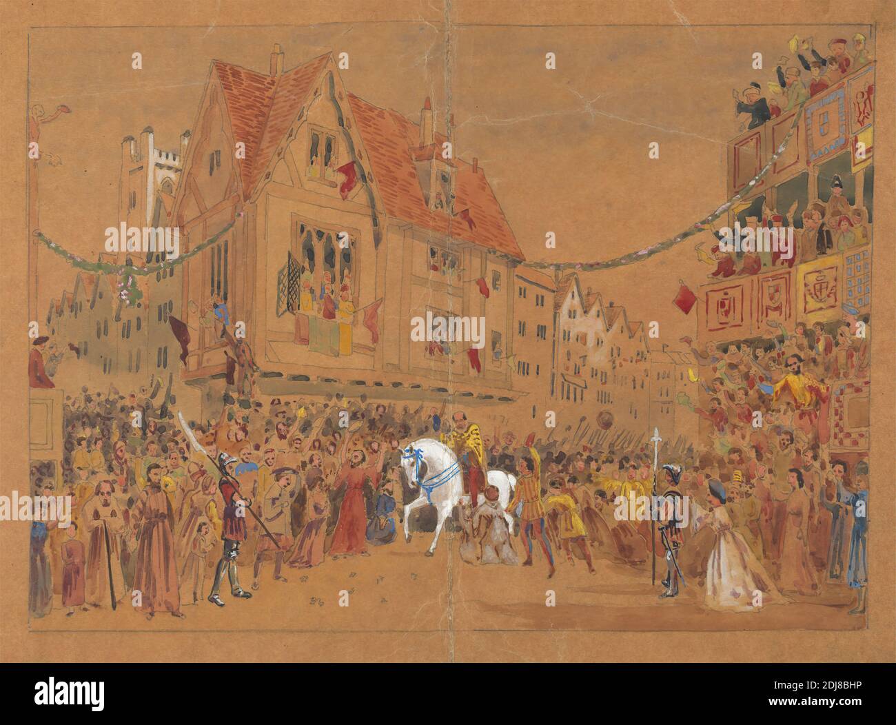 Design pour le cadre de Charles Kean production de Richard II au Princess's Theatre le 12 mars 1857, George Cressal Ellis, ca. 1810–1875, non daté, aquarelle et gouache sur graphite sur papier de vélin fin, lisse, brun, feuille: 8 × 11 pouces (20.3 × 27.9 cm), foule, thème littéraire, production, théâtres, Angleterre, Europe, Londres, Royaume-Uni Banque D'Images