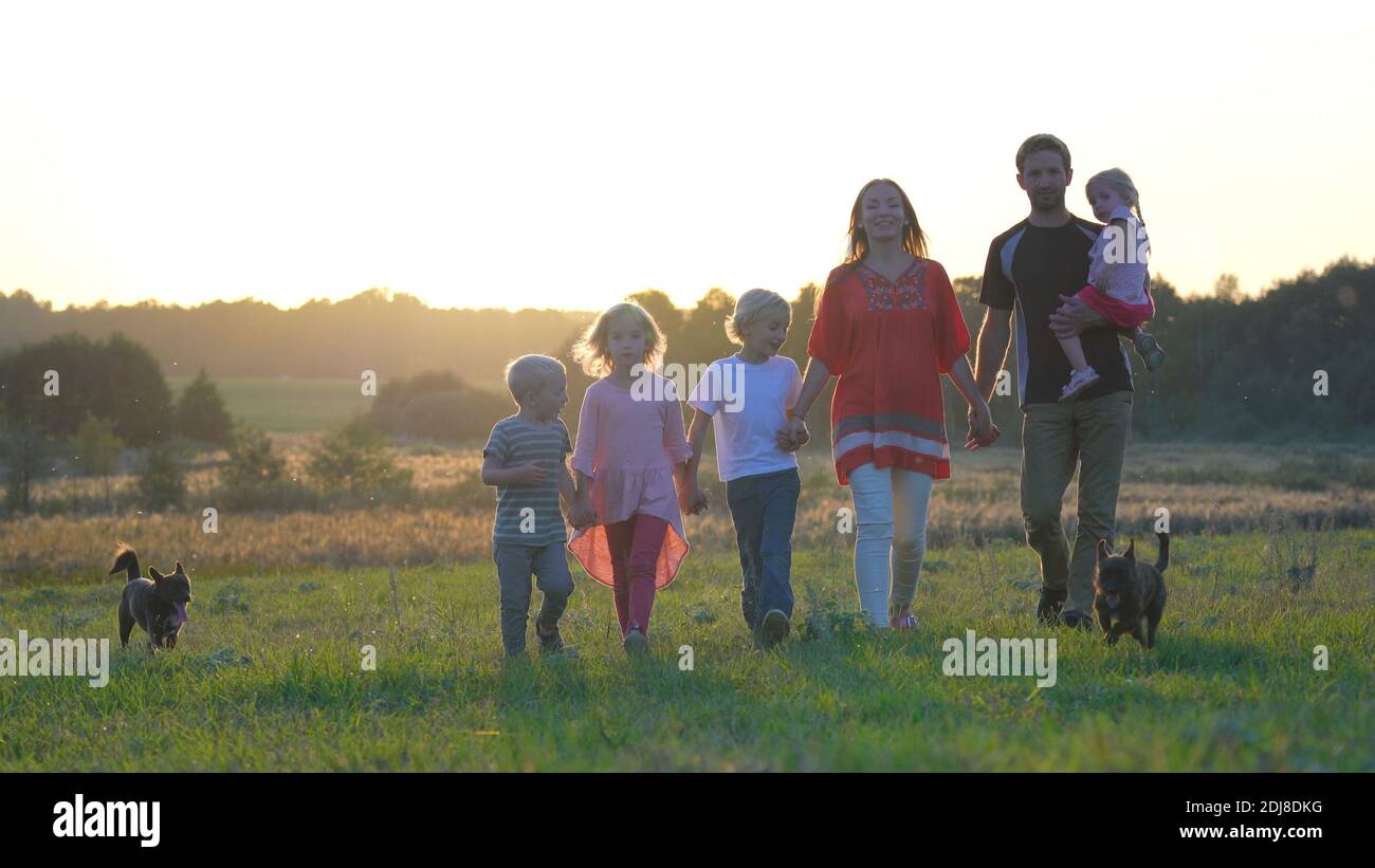 Une grande famille sympathique marche à travers le champ au coucher du soleil avec son chien. Banque D'Images