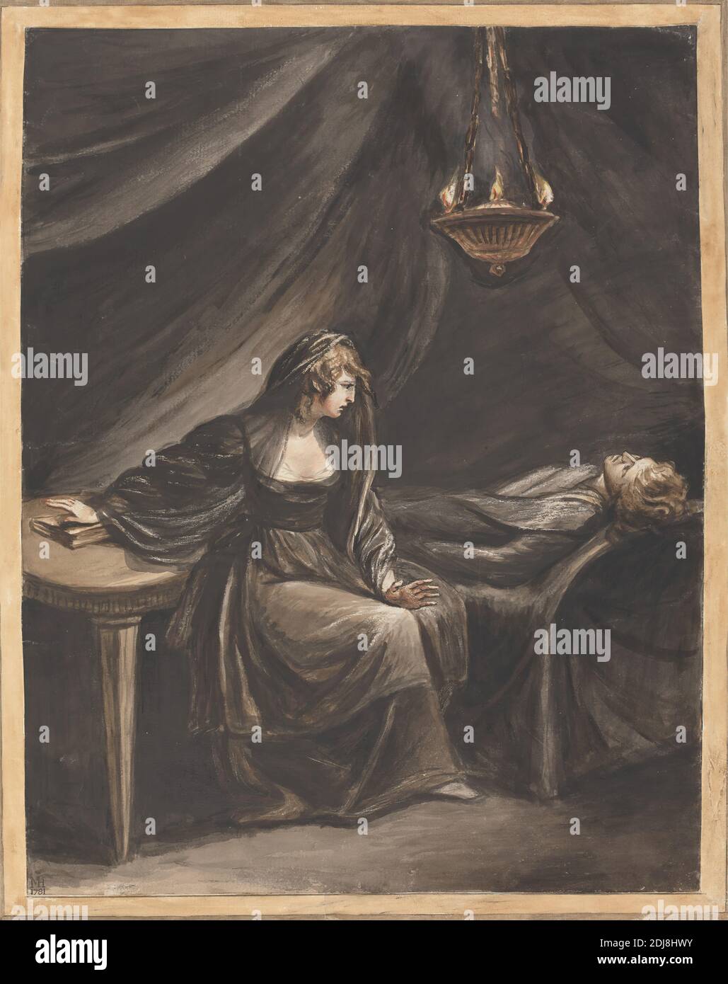 Lady Percy regardant le Sleeping Hotspur, Mary Hoare, 1753–1820, British, 1781, aquarelle à l'encre noire et raclant sur du graphite sur du papier crème épais et légèrement texturé monté sur du papier crème légèrement épais et légèrement texturé avec bordure contemporaine, montage : 24 x 19 1/8 pouces (61 x 48.6 cm), bordure dessinée contemporaine : 24 x 19 1/8 pouces (61 x 48.6 cm), et feuille : 22 7/16 x 17 1/2 pouces (57 x 44.4 cm), lit, chambre, livre, chaînes, souci, rideaux, robe, peur, flammes, Henry IV partie I, acte II, scène IV, Henry IV, partie I par William Shakespeare, mari, thème littéraire Banque D'Images