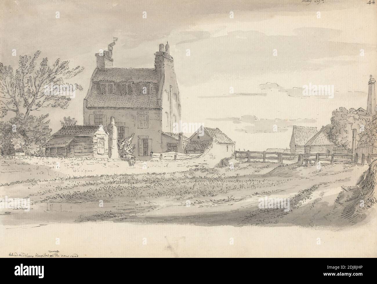 Derrière l'hôpital Middlesex, Samuel Hieronymus Grimm, 1733–1794, suisse, non daté, lavage gris à l'encre noire sur graphite sur papier doux et crème, feuille: 6 3/8 x 9 1/4 pouces (16.2 x 23.5 cm), sujet architectural, bâtiments, clôtures, hôpital, paysage, science, cheminées, arbres, Angleterre, Europe, Middlesex, Royaume-Uni Banque D'Images