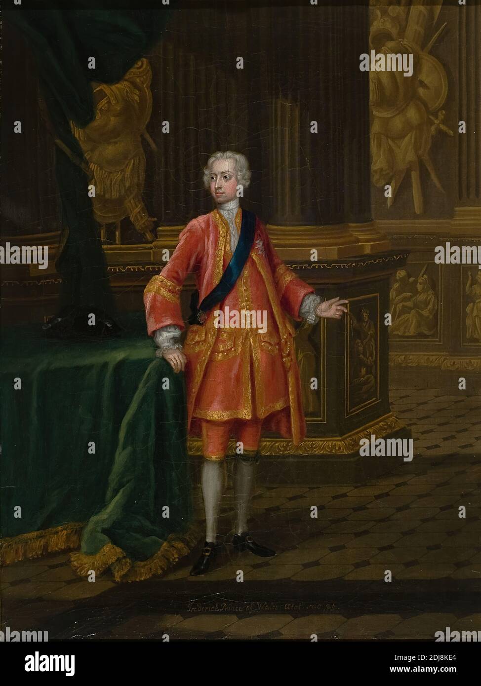 Frederick, Prince of Wales, Charles Philips, 1708–1747, British, 1731, huile sur toile, support (PTG): 19 1/4 x 14 1/8 pouces (48.9 x 35.9 cm), armures, culottes (pantalons), boucles, colonnes (éléments architecturaux), costume, tresse d'or, palais, portrait, prince, relief (chaussures), royalties (accessoires de costume), sculptures, vêtements (chaussures), vêtements de costume (en soie) Banque D'Images