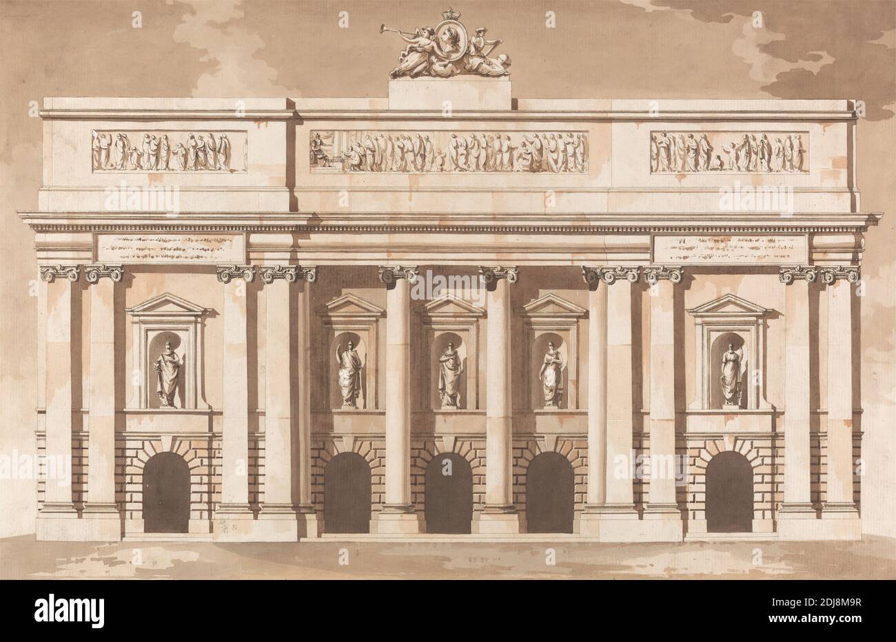 Élévation pour le front ouest de la Maison du Parlement, Dublin, James Gandon, 1742–1823, British, ca. 1787, aquarelle et stylo et encre brune sur papier moyen, légèrement texturé, crème échelle de barre de papier de 1/8 pouces à 1 pied, feuille: 9 7/8 x 15 1/16 pouces (25.1 x 38.3 cm), sujet architectural, colonnes, élévation (dessin), niches, Parlement, relief, Irlande Banque D'Images