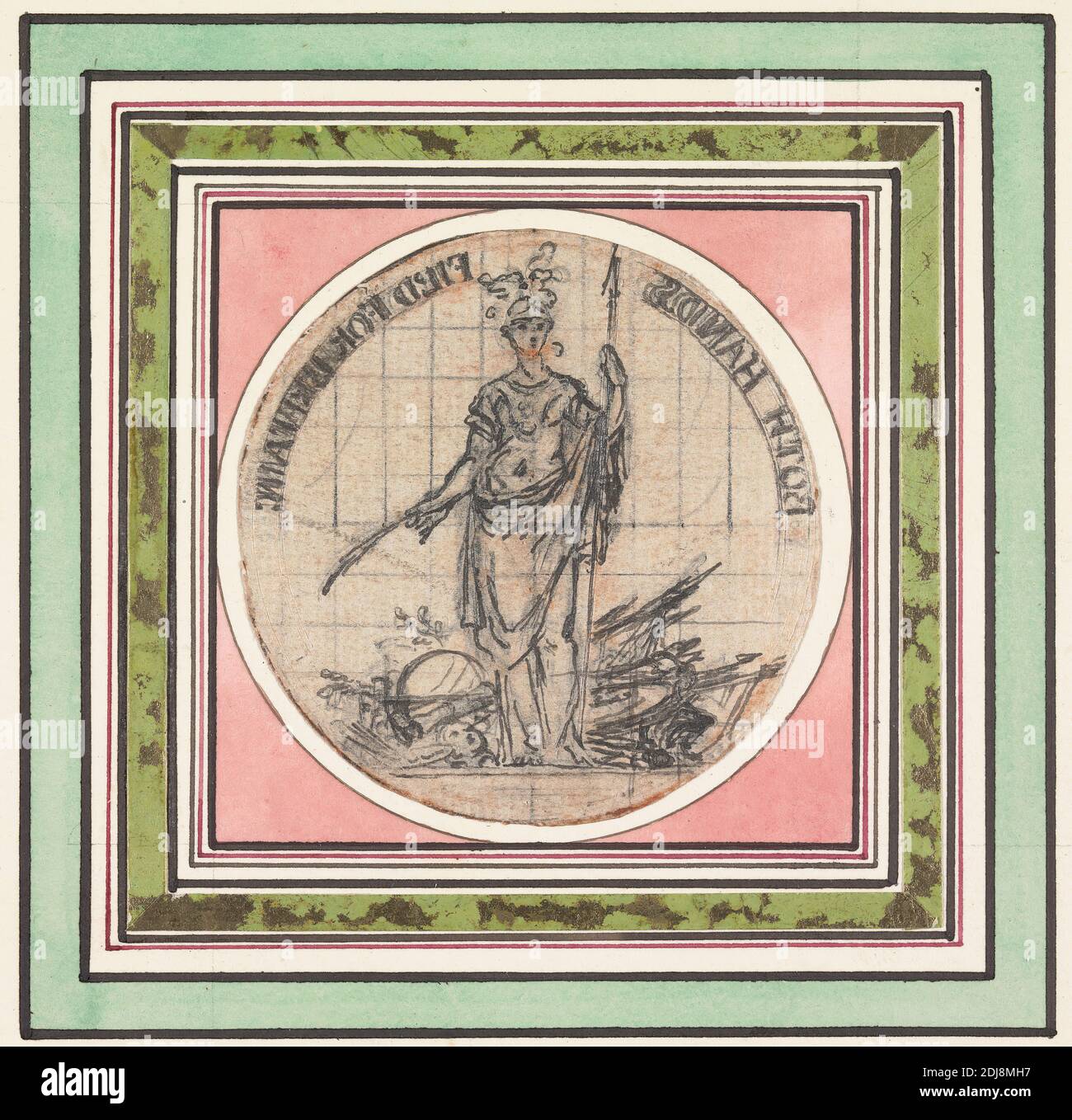 Design pour une médaille: Boths Hand fil for Britain, Hubert-François Gravelot, 1699–1773, français, actif en Grande-Bretagne (1733–45), entre 1734 et 1736, stylo et encre noire, stylo et encre rouge, graphite avec craie rouge, carré pour transfert sur papier à poser moyen, modérément texturé, beige monté sur modérément épais, modérément texturé, Papier crème, feuille d'or, aquarelle et stylo, avec lignes de bordure d'encre noire et rouge, montage : 11 x 19.4 cm (7 5/8 x 27.9 pouces), bordure contemporaine : 4 1/8 x 4 1/8 cm (10.5 x 10.5 pouces) et feuille : 2 3/8 × 5 3/8 pouces (6 × 13.7 cm), design, emblème Banque D'Images