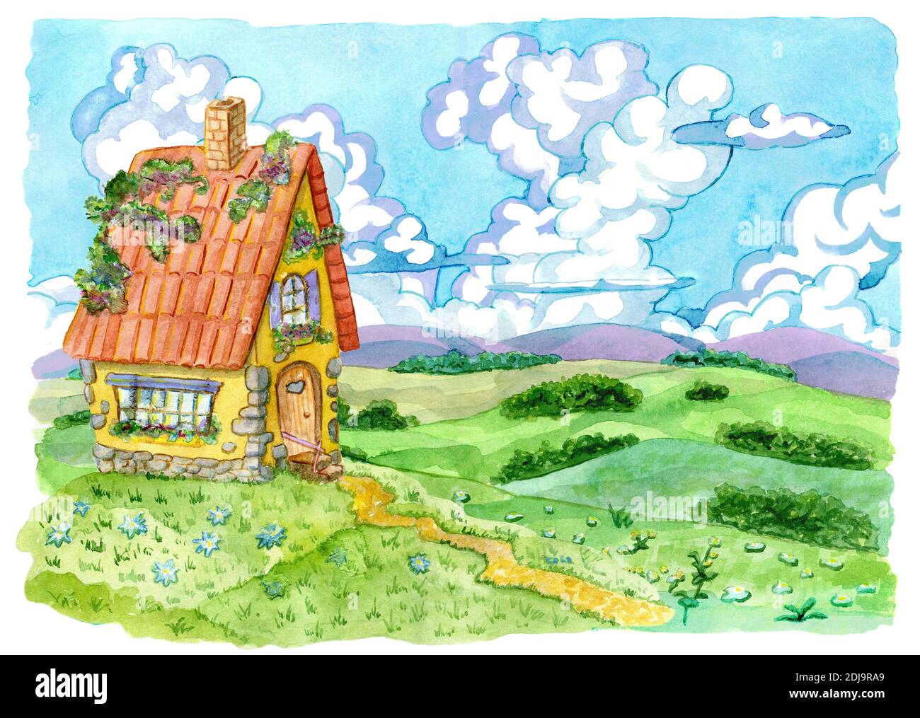 Belle maison de campagne. Arrière-plan de campagne vintage avec paysage rural d'été, jardin. Illustration aquarelle peinte à la main Banque D'Images