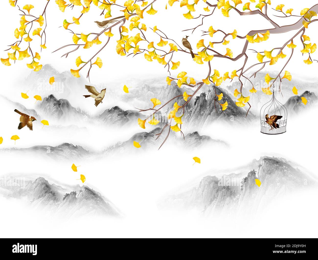 Illustration du paysage, collines, brouillard forestier, branche d'arbre avec feuilles jaunes, oiseaux bruns, un oiseau dans une cage Banque D'Images