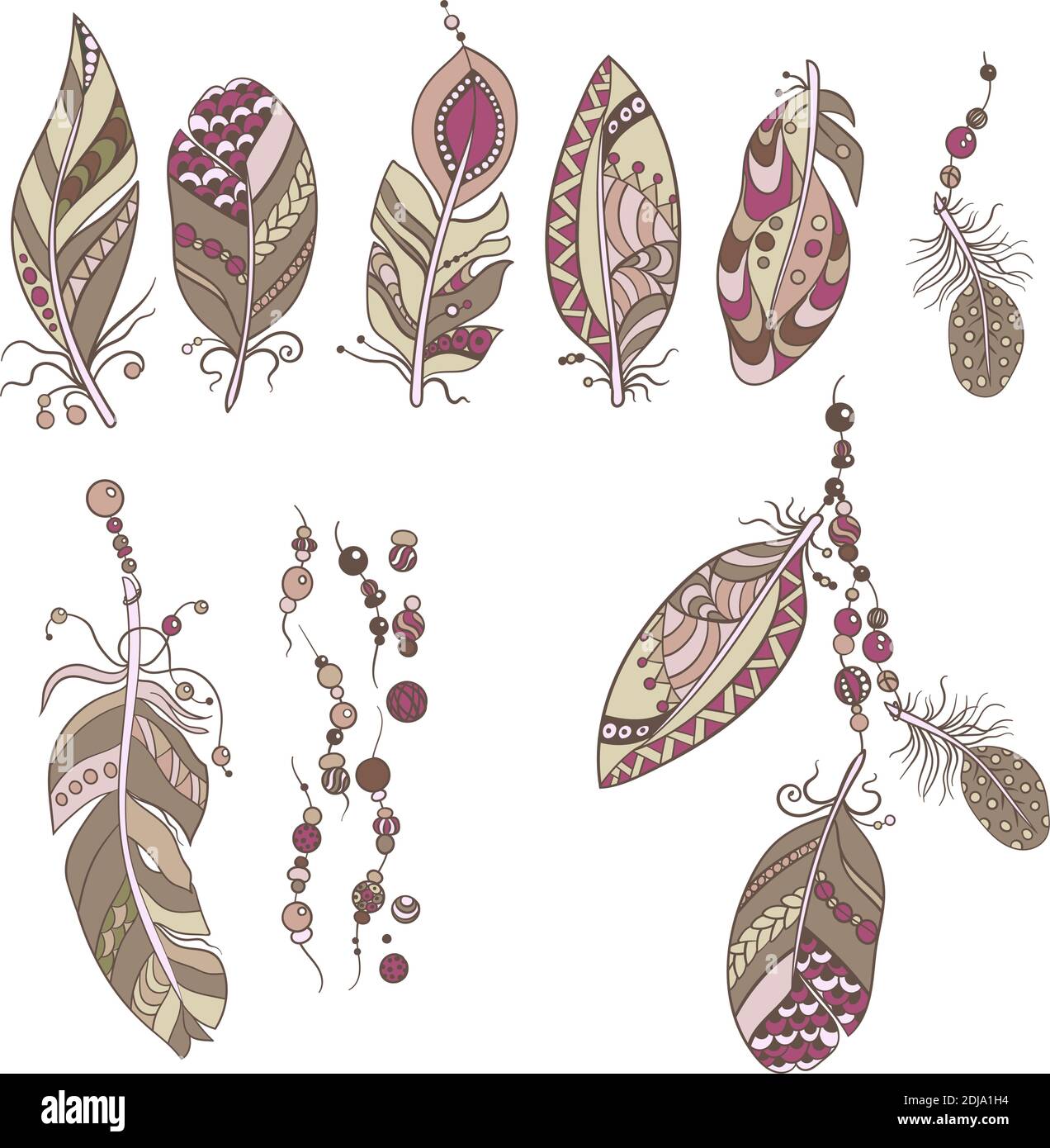 Ensemble ornemental avec éléments de décoration avec plumes, perles en ornementation en image vectorielle graphique de style tribal Illustration de Vecteur