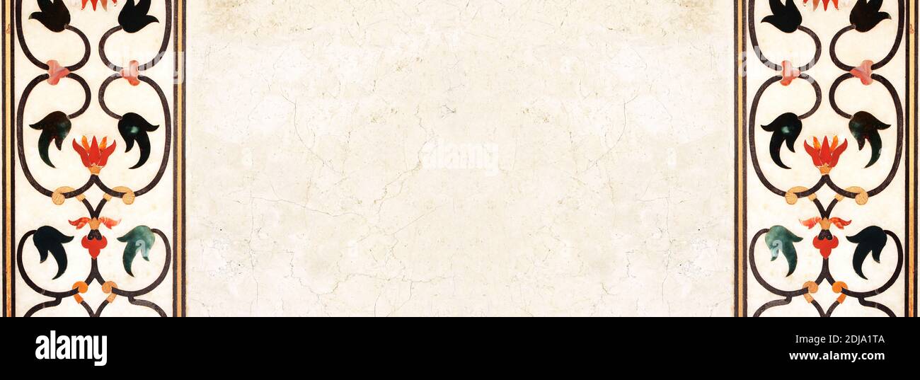 Bannière horizontale ou verticale avec décoration florale en marbre ancien. Mosaïque ancienne sur marbre à Taj Mahal, Inde. Modèle de maquette. Copier l'espace pour le texte Banque D'Images