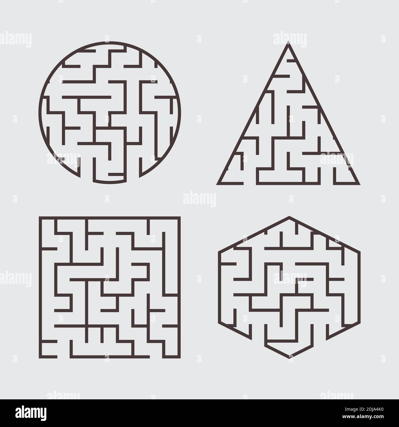 Un ensemble de labyrinthes pour les enfants. Un carré, un cercle, un hexagone, un triangle. Illustration vectorielle plate simple isolée sur fond gris Illustration de Vecteur
