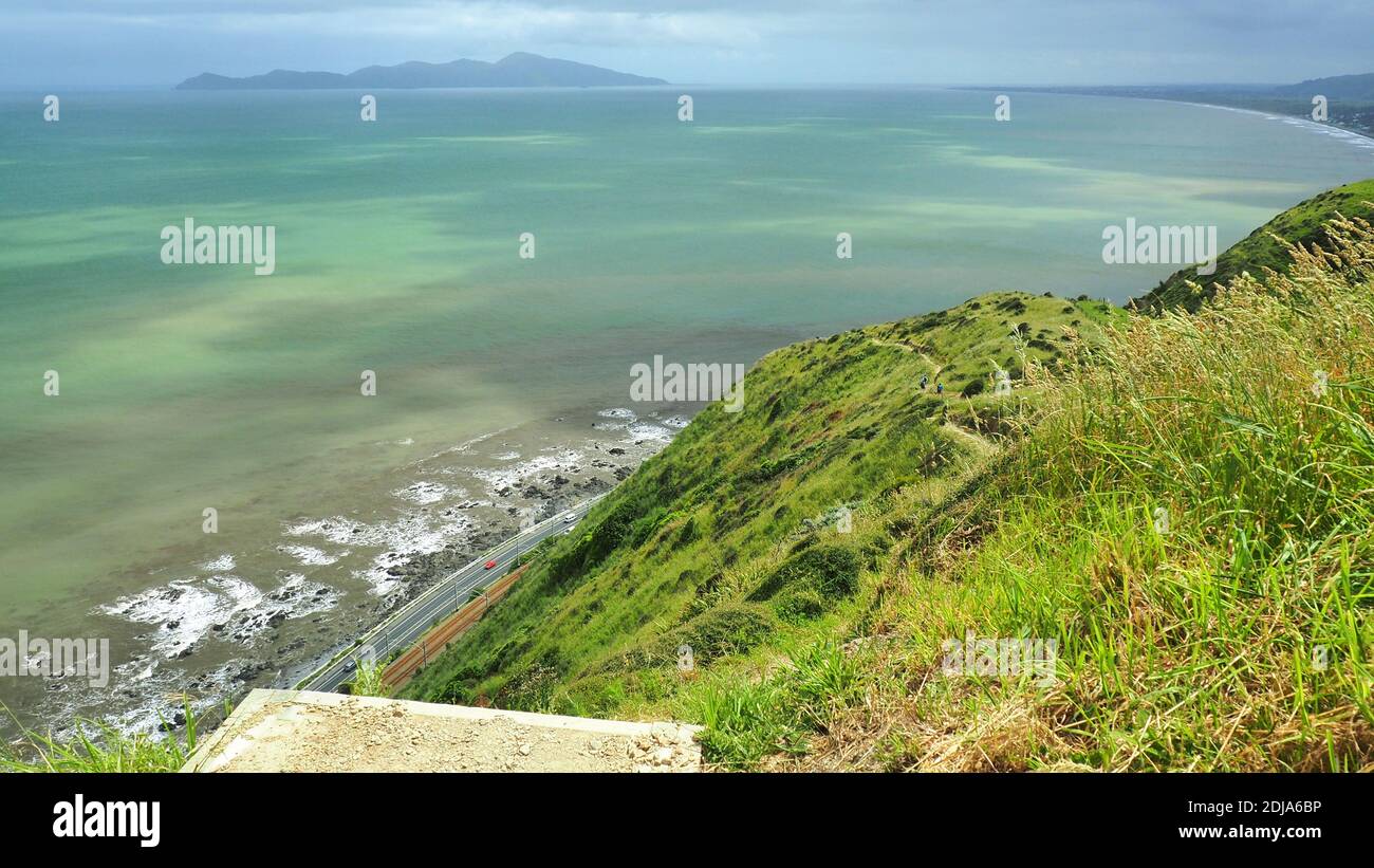 En regardant vers le nord sur la piste d'escarpement de Paekakariki, en Nouvelle-Zélande, la plate-forme est un pas avant une descente abrupte Banque D'Images